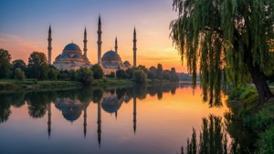 Elv med moskérefleksjon ved solnedgang, et fredelig landskap for Eid Milad-un-nabi.