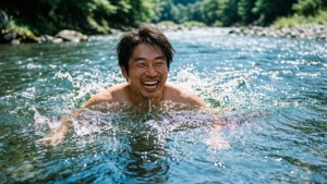 Taiju Oki menikmati berenang di sungai dengan tawa lebar.