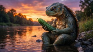 Seekor kappa yang damai menikmati mentimun di tepi sungai saat matahari terbenam