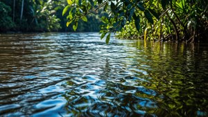 Close-up terinspirasi makro dari permukaan Sungai Amazon dengan refleksi yang rimbun dan riak lembut.