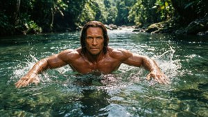Tarzan nageant dans une rivière, eau et lumière du soleil, scène rafraîchissante.