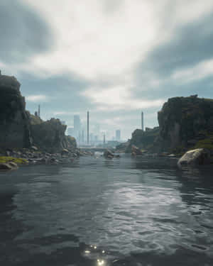 Um rio flui entre falésias rochosas em direção a uma cidade futurista distante sob um céu nublado. — Death Stranding 1920x1080 Papéis de Parede