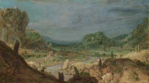 River Valley by Hercules Segers, created c. 1626 - c. 1630, in panel; oil paint (paint). Download this artwork as a high-resolution wallpaper for desktop, table — Hercules Segers Wallpaper