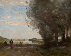 River View by Jean-Baptiste-Camille Corot, created 1868/1872, in oil on wood. Download this artwork as a high-resolution wallpaper for desktop, tablet, or mobil — Jean-Baptiste-Camille Corot Wallpaper