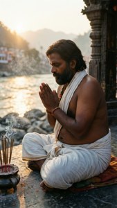 Ein demütiger hinduistischer König betet bei Sonnenaufgang an einem Tempel am Flussufer, spirituelle Stimmung.