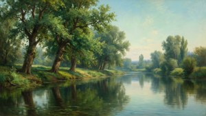 Un paesaggio fluviale sereno con alberi e riflessi nello stile di Harpignies.