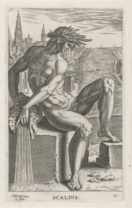 Riviergod Scaldis by Philips Galle, created 1586, in paper; engraving. Download this artwork as a high-resolution wallpaper for desktop, tablet, or mobile. — Philips Galle Wallpaper