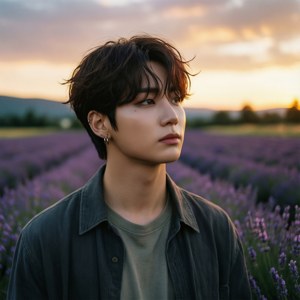 RM debout dans un champ de lavande au coucher du soleil, paisible.