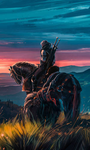 Ritter zu Pferd bei Sonnenuntergang mit Blick auf Berge — Click Beetle Wallpaper