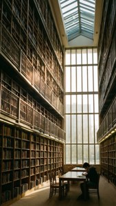 De fantastiske glassveggene i Robarts Library badet i gyllent sollys med en leser