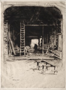 Robert Lee's Workshop by David Young Cameron, created 1905, in etching and drypoint. Download this artwork as a high-resolution wallpaper for desktop, tablet, o — David Young Cameron Wallpaper