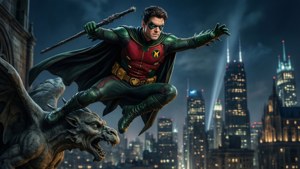 Robin hoppar från en gargoyle över Gotham på natten, akrobatisk action tapet