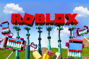 Roblox logo supported by colorful poles with phones showing game scenes in a sunny outdoor setting. — Roblox 4K Picture
