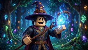 Loi voimakkaita loitsuja velho Roblox-hahmolla maagisessa metsässä.
