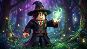 Un sorcier Roblox lançant de la magie dans une forêt mystique.
