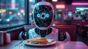 Seorang robot dengan layar retak duduk di konter diner dengan pancake saat hujan turun di luar.