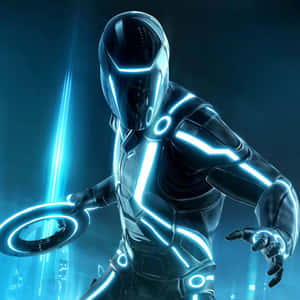 Futuristic racer in glowing blue suit holding disc weapon in neon city. — Robots Wallpaper