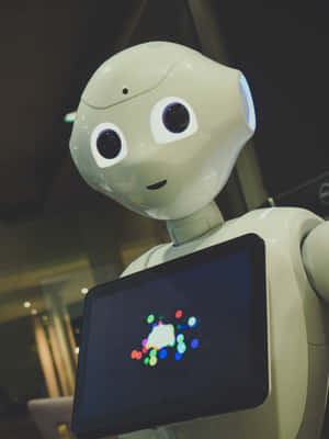 A white robot with big eyes holding a tablet showing colorful lights. — Robots Wallpaper