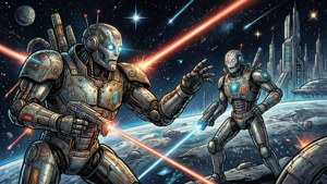 Sci-fi tegneserie robotkamp i rummet