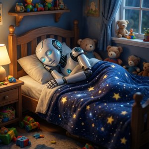 Wallpaper robot tidur yang nyaman di kamar anak dengan selimut berbintang dan mainan.