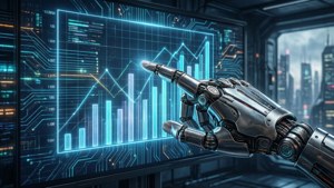 En robotisk hånd peger på en lysende søjlediagram i et cyberpunk-miljø, der analyserer data.