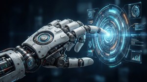 Robot hånd som berører et digitalt grensesnitt for en sci-fi tech bakgrunn