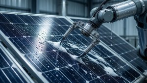 Robô limpando um painel solar com espuma e água