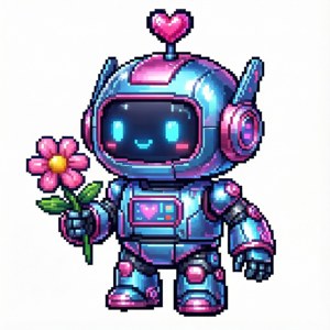 Söpö pikselitaiderobotti, jolla on sydänantenni ja kukka, kawaii-tyyli.