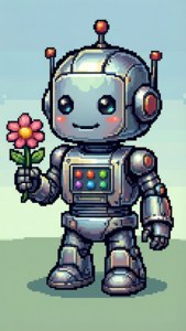 En söt pixelrobot som håller en blomma.