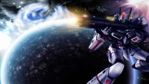 Silberner und roter Mecha feuert eine Strahlenwaffe im Weltraum in der Nähe eines blauen Planeten ab.