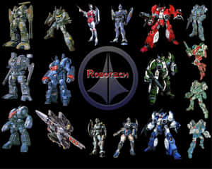 Robotech Mecha-Roboter um das zentrale Logo auf schwarzem Hintergrund angeordnet.