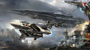 Futuristisk jagerfly flyver over en sci-fi-by med krigsskibe på himlen. — Cartoon Astronaut Billeder