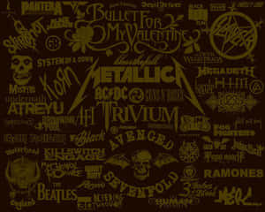 Wallpaper featuring numerous metal band logos in gold on dark brown. — Rock Hyrax Picture