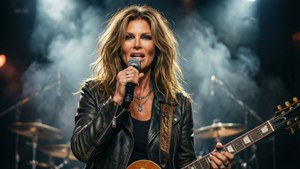 Elle Macpherson som rockstjerne på scenen, oprørsk og energisk.