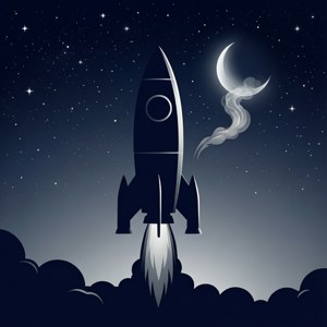 Minimalistinen siluetti raketista, joka laukaistaan tähtitaivaalle ja puolikuulle