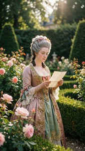 Une légère scène rococo de A. Duplessis profitant d'une lettre dans un jardin formel pastel