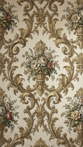 Een luxueus rococo-behang met kronkelende wijnranken en bloemdetails