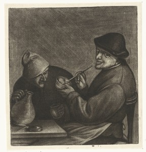 Roker en drinker by Jacob Hoolaart, created 1723 - 1789, in paper; mezzotint. Download this artwork as a high-resolution wallpaper for desktop, tablet, or mobil — Jacob Hoolaart Wallpaper