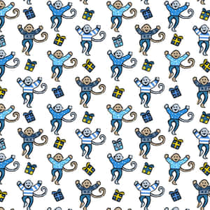 Fröhliche Cartoon-Affen in Pullovern, die mit Geschenkboxen in einem sich wiederholenden Muster tanzen. — Roller Rabbit Wallpaper