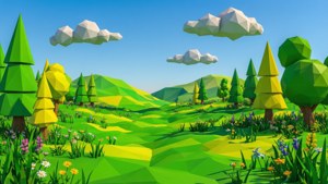 Paisagem low poly vibrante com colinas verdes, árvores amarelas e flores coloridas sob um céu azul com nuvens brancas — Polygon Art Papéis de Parede