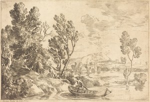 Roman Landscape by Gaspard Dughet, in etching. Download this artwork as a high-resolution wallpaper for desktop, tablet, or mobile. — Gaspard Dughet Wallpaper