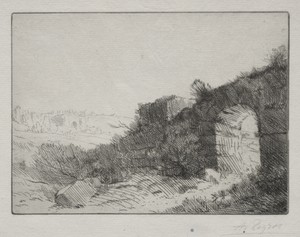 Roman Ruins by Alphonse Legros, created c. 1857–1911, in drypoint. Download this artwork as a high-resolution wallpaper for desktop, tablet, or mobile. — Alphonse Legros Wallpaper
