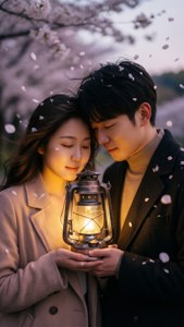 Pasangan romantis berbagi lentera bercahaya di bawah kelopak bunga sakura saat senja.