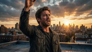 Et episk bakgrunnsbilde av Evan Hansen som synger på et tak ved solnedgang