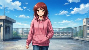 Chizuru Hishiro på skoletaket i rosa hettegenser
