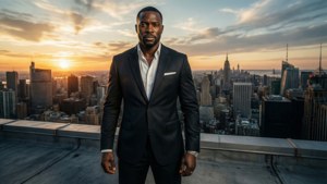 Ronnie Bell steht bei Sonnenuntergang hoch oben auf einem Dach und strahlt Selbstvertrauen aus, mit der Stadtsilhouette im Hintergrund.