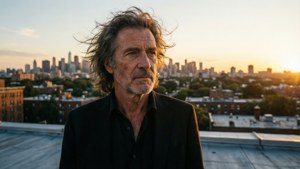Denis Leary sur un toit au coucher du soleil, regardant la ville, éclairage de l'heure dorée.