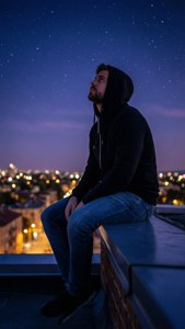 Vincenzo on a rooftop at night, looking at stars, thoughtful.