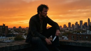 Five sits on a rooftop at dusk, lost in thought with a knife in hand.