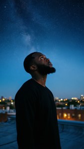 Big Sean on a rooftop under starry sky
